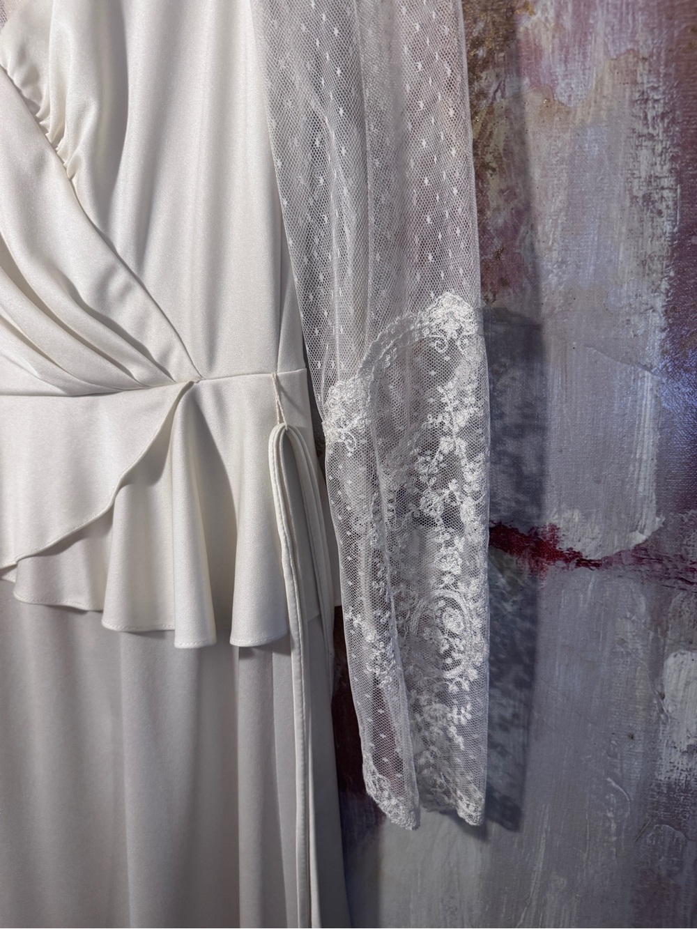 1980 HAND SEWN VTG French Lace Sleeved • Full Length Silk Wedding Dress • SMALL - Picture 6 of 16